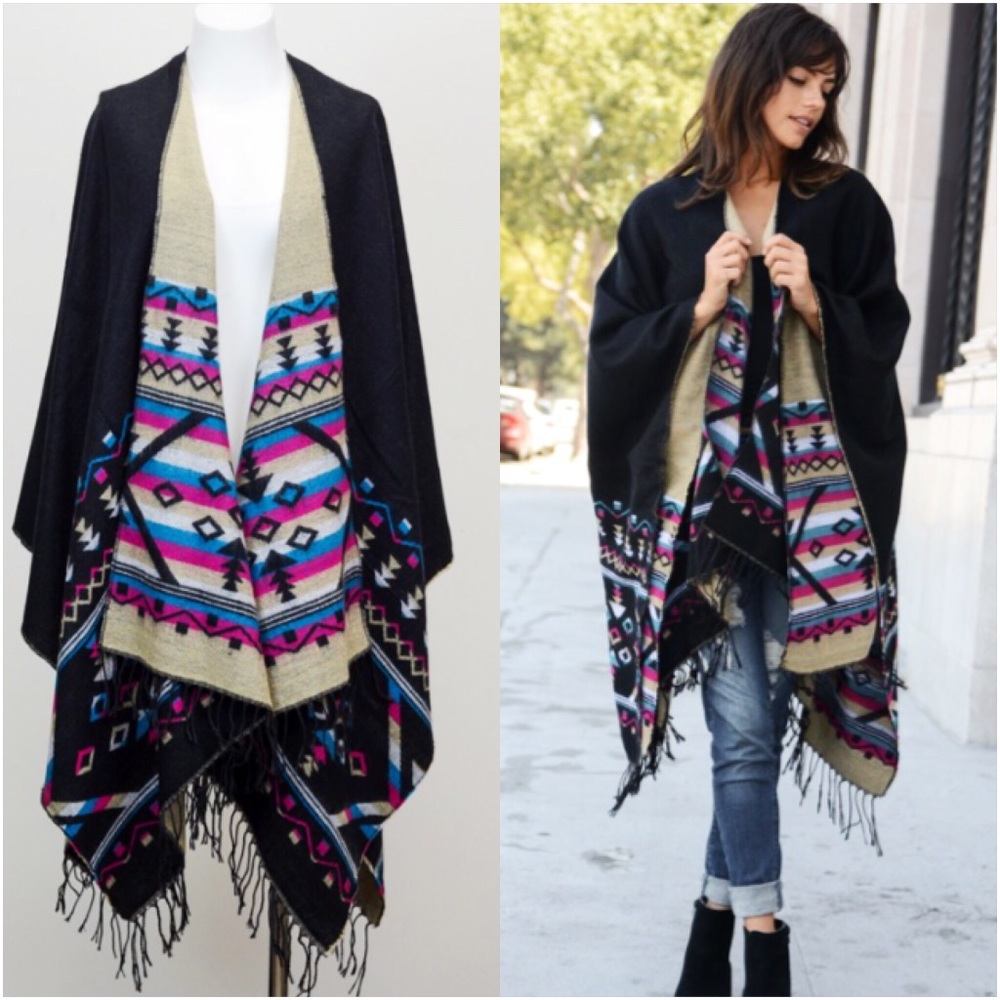 Bohemian Reversible Sweater Poncho Wrap OSFM - Picture 7 of 7